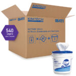 A box and a bucket of sanitizing wipes by KIMTECH.